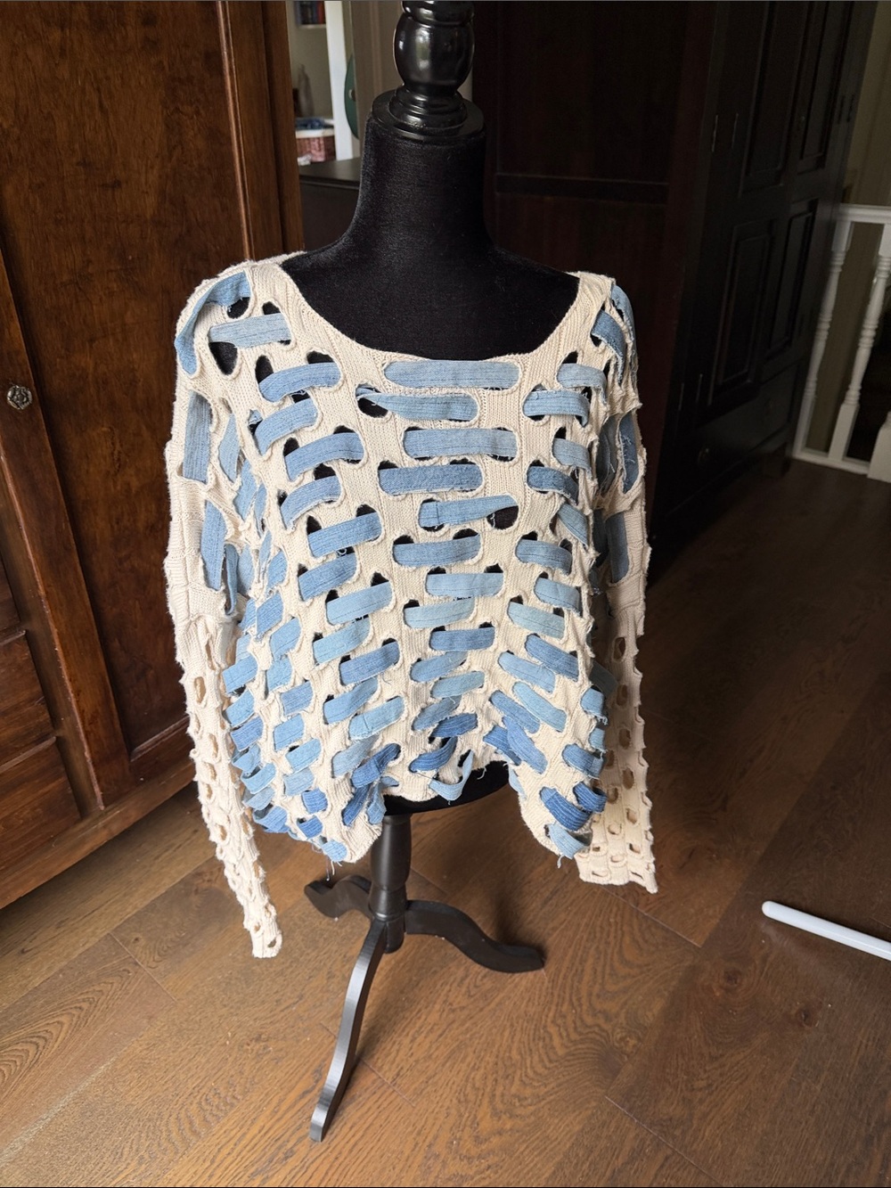 Cream Open-Weave Scoop Sweater with Blue Contrast Underlay